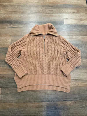 aerie Camel Cable-Knit Half-Zip Turtleneck Sweater thumbnail 4