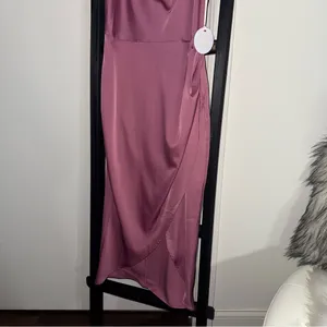 More to Come Adonia Pink Satin Wrap Midi Dress With Cowl Neckline And Tulip Hem thumbnail 5