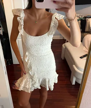 White floral Bardot dress with ruffle detail thumbnail 1
