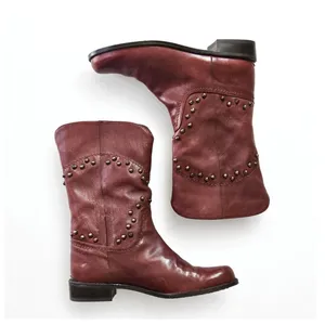 Stuart Weitzman Cognac Brown Leather Studded Western Mid-Calf Boots Womens 7M thumbnail 2