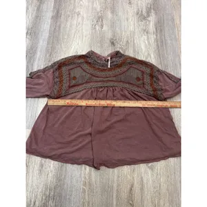 Free People Embroidered Long Sleeve Babydoll Top Plum Mauve Cotton Size Medium thumbnail 5