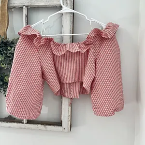 NWT ZARA Red White Stripe Puff Sleeve XS Crop Top Woman Ruffle‎ Cottage Boho thumbnail 8