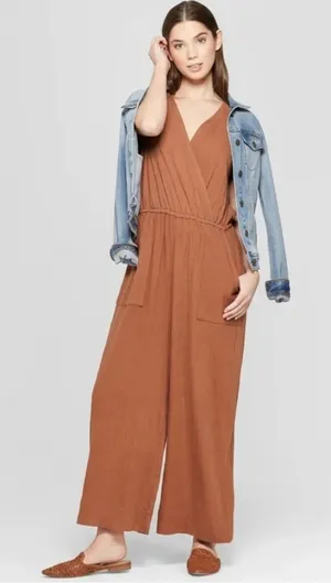 Universal Thread Linen Blend Brown Jumpsuit thumbnail 1