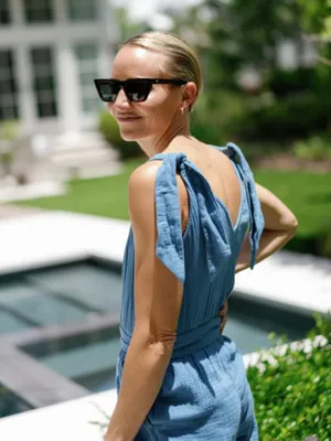 Summersalt Going Places Organic Cotton Gauze Tie Shoulder Romper Green S $95 thumbnail 3