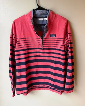 L.L.Bean Coral Pink Navy Striped Quarter Button Pullover Size Medium thumbnail 1