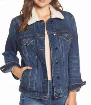 Good American Shearling Collar Denim Trucker Jacket thumbnail 1