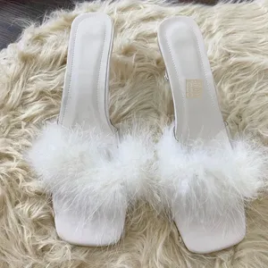 NWOT White Fluffy Faux Fur Square Toe Clear Kitten Heel Mules Heels US 10 thumbnail 2