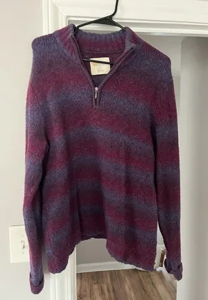 Vintage Striped Plum and Blue Half-Zip V-Neck Sweater thumbnail 1
