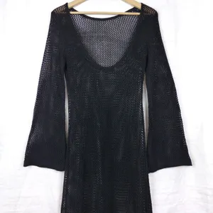 Black Open Knit Crochet Maxi Dress Size XS/S Bell Sleeve Sheer Goth Boho Witchy thumbnail 3