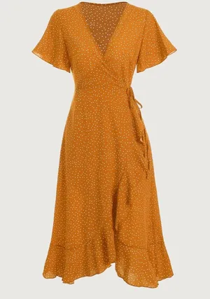 Rihoas Yellow Polka Dot Ruffle Wrap Dress thumbnail 1