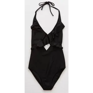 Aerie One Piece Swimsuit Size Small Ruffle Color Black Full Coverage Swimwear thumbnail 4