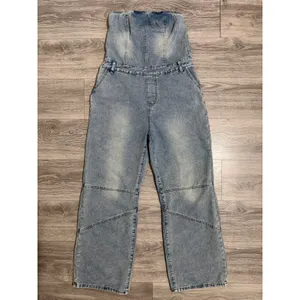 Strapless Wide Leg Denim Jumpsuit Size L‎ Light Wash Blue Seam Detail Y2K Romper thumbnail 3