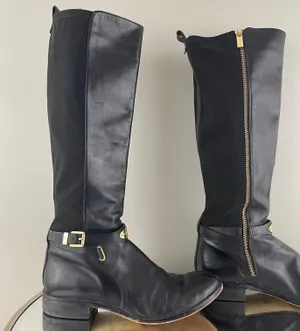 Michael Kors Black Leather Gold Hardware Buckle Arley Knee High Riding Boots thumbnail 5
