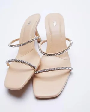 ZARA Nude Rhinestone Open Toe Mule Heels thumbnail 1