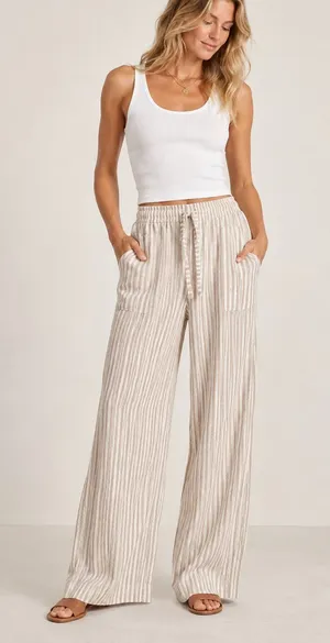 New Daydreamer Striped Wide Leg Beach Pants Tan Cream Size Large thumbnail 1