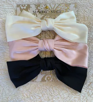 NEW Non-Slip Grip Satin Large Hair Bow Barrette Clip Set Cream, Pink, Black thumbnail 1