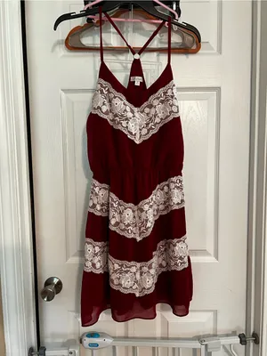 Charming Charlie Burgundy Mini Dress with White Lace Trim thumbnail 2
