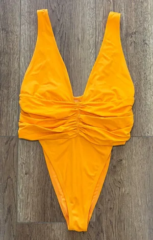 Aerie Shine Plunge Ruched One Piece Cheekiest Womens Large Orange Swimsuit beach thumbnail 1