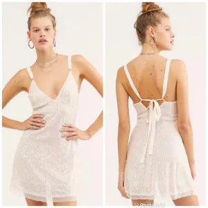FREE PEOPLE Gold Rush Sequin Mini Dress Iridescent Sheer Cream Size Medium New‎ thumbnail 4