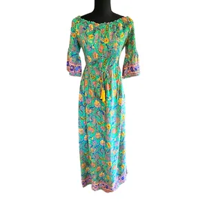 Patchouli Fair Boho Maxi Dress Boat Neck Paisley Floral Tassel L thumbnail 2