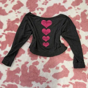 Off-Shoulder Charcoal Grey Cropped Sweatshirt w/ Pink Heart Graphic 💕 | Y2K Loungecore | Size M thumbnail 3