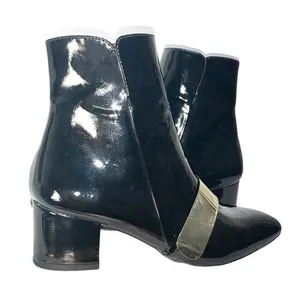 Zara Womens Black & Gold Patent Leather Almond Toe Chunky Block Heel Ankle Boots thumbnail 2