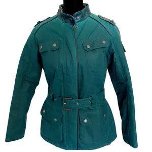Barbour International Black Streak‎ Jacket Womens Green Waxed Cotton Moto Belted thumbnail 2