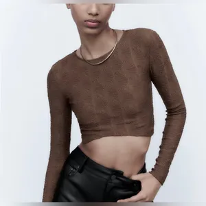 Zara Textured Pointelle‎ Brown Long Sleeve Cropped Top thumbnail 2