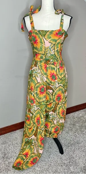 Cynthia Rowley Linen Blend Multicolor Tropical Wide Leg Jumpsuit Medium M thumbnail 1