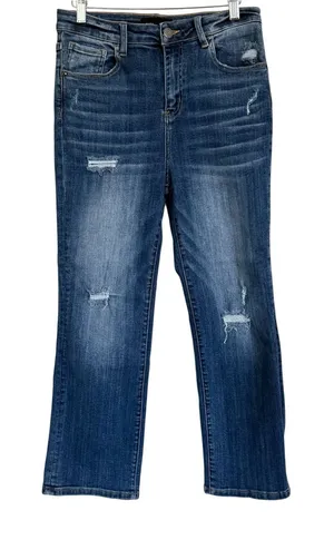 Risen Jeans Women’s 9/29 Mid Rise Distressed Bootcut Jeans Raw Hem Stretch Denim thumbnail 1