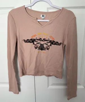 BDG Beige Long Sleeve Free Ridin Motorcycle Graphic Waffles Top LARGE thumbnail 1