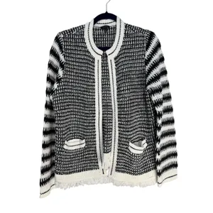 Talbots Black White Striped Knit Open Front Fringe Cardigan‎ Sweater Women's L thumbnail 2