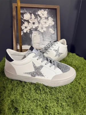 White Sneakers with Silver Glitter Star Accent Size 9 thumbnail 2