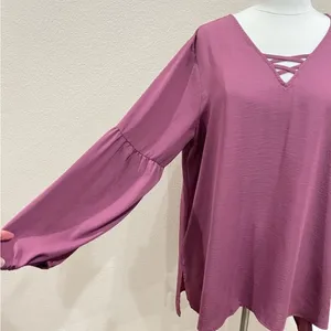 Maurices Mauve Pink Lantern Sleeve Lattice Neck Blouse Size Large thumbnail 4