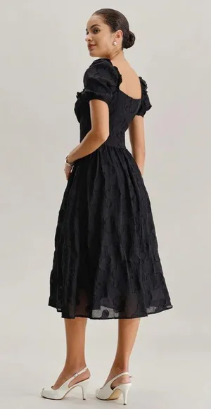 Rihoas Black Square Neck Puffed Sleeve Midi Dress thumbnail 5