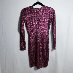 Dress the Population Pink Sequin Deep V-Neck Long Sleeve Sheath Mini Dress Sz S thumbnail 2