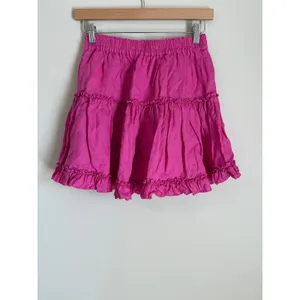 Hill House Mini Skirt Women M Pink Linen Tiered Ruffle Elastic Waist thumbnail 2