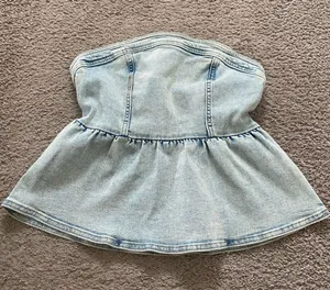 Womens H&M Light Blue Denim Strapless Peplum Top thumbnail 1