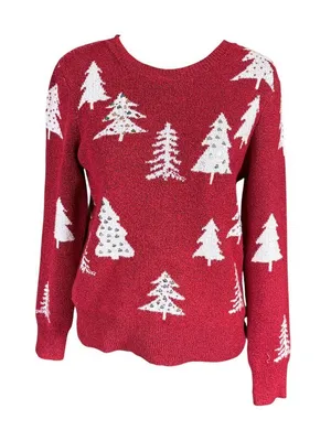 Holiday Time women's red winter tree long sleeve crewneck sequin sweater S thumbnail 1