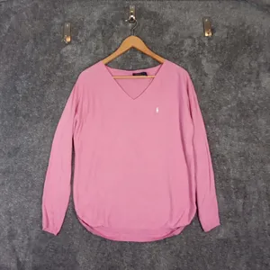 Polo Ralph Lauren High Low V Neck Sweater Womens Pink Cotton Blend Sz M thumbnail 3