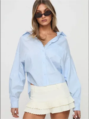Princess Polly Pale Blue Striped Relaxed Coastal Button-Down Shirt Size 6 thumbnail 1