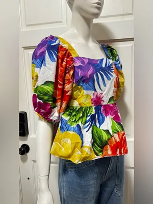 Farm Rio Boho Rainbow Chita Empire-Waist puff Sleeve Blouse Size Small thumbnail 3