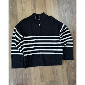 DKNY Black White Striped Quarter Zip Sweater Nautical Coastal Old Money Scandi thumbnail 2