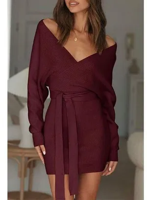 NEW Batwing Sleeve Wrap Knit Backless Pullover Sweater Dress L NO BELT thumbnail 1