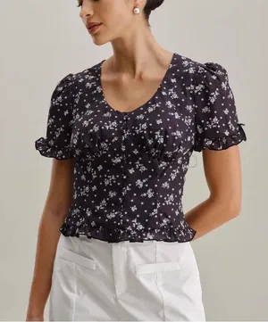Rihoas Black Floral Scoop Neck Blouse thumbnail 1