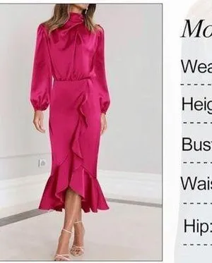 NEW Satin Mock Neck Cocktail Midi Dress Wrap Ruched Ruffle M thumbnail 6