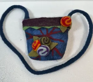 Handmade Wool Coin Purse Handbag Made in Nepal Small Zip Top Blue Purple Flower thumbnail 1