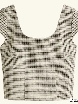 NWT Square Neck Cropped Houndstooth Top Black Size L thumbnail 3
