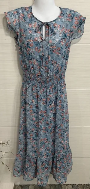 Gypsies & Moondust Flutter Sleeve Dusty Blue Floral Maxi Dress S, Ruffle Hem thumbnail 1