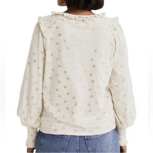 Boden White Gold Print Smocked Long Sleeve‎ V Neck Top thumbnail 2